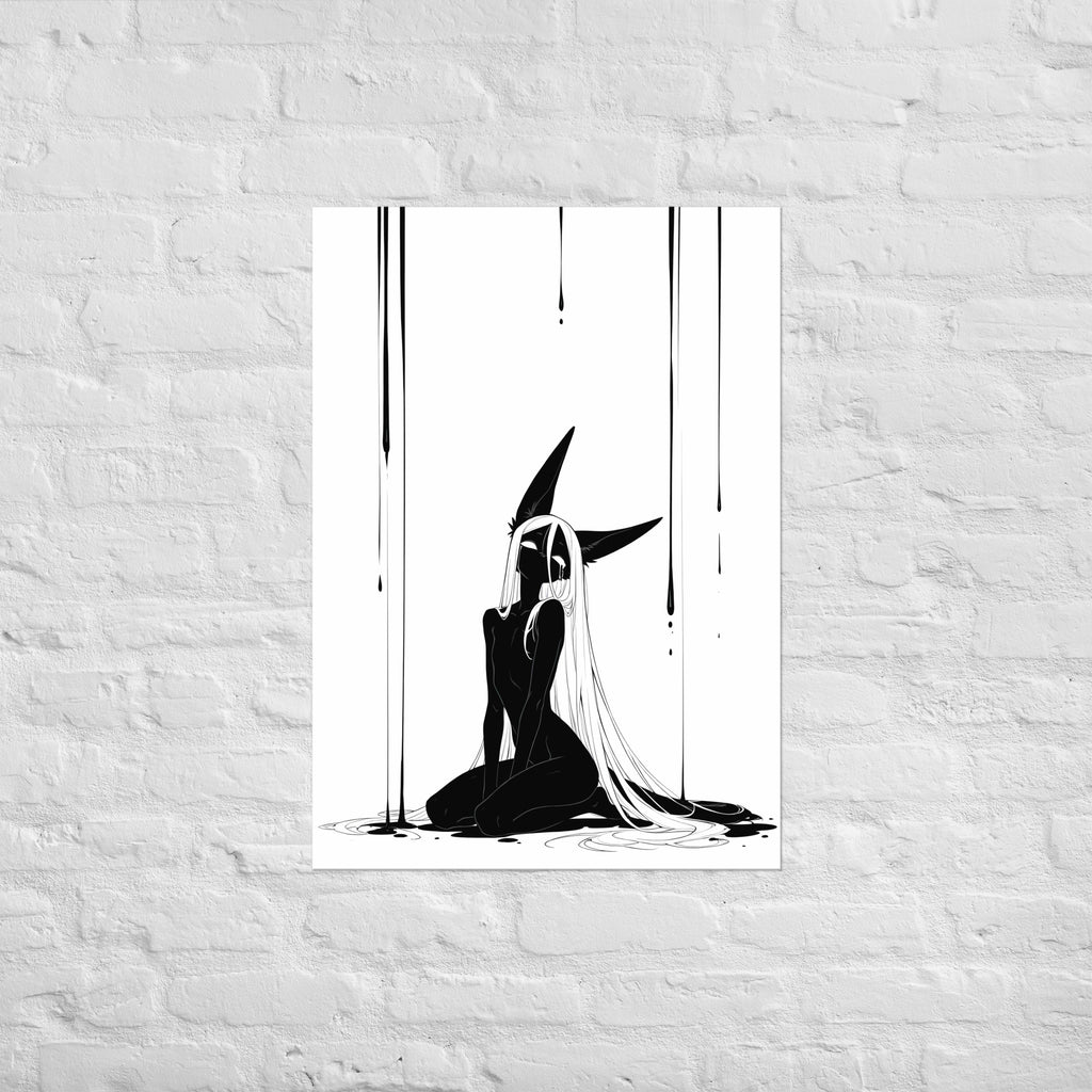 Affiche dark fantasy Limène, chacal anthropomorphe noir et blanc, agenouillée de dos sous des rideaux d'encre – format A1
