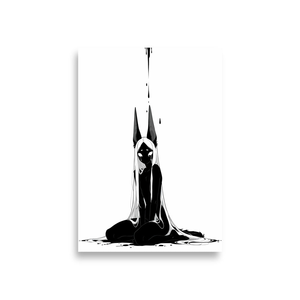 Affiche dark fantasy Limène, chacal anthropomorphe noir et blanc, visage découvert avec deux larmes – format A1