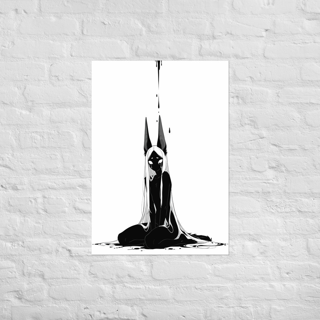 Affiche dark fantasy Limène, chacal anthropomorphe noir et blanc, visage découvert avec deux larmes – format A1