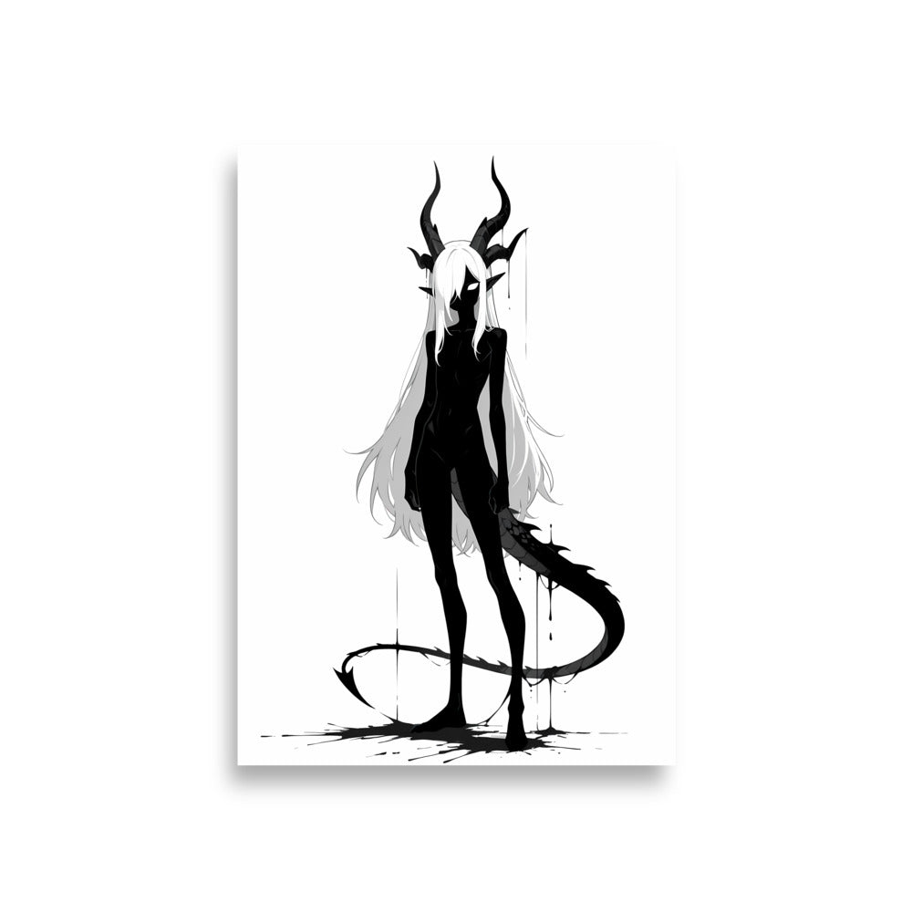 Affiche dark fantasy Vestigia, dragon anthropomorphe noir et blanc, debout avec des cornes ruisselantes d'encre – format A1