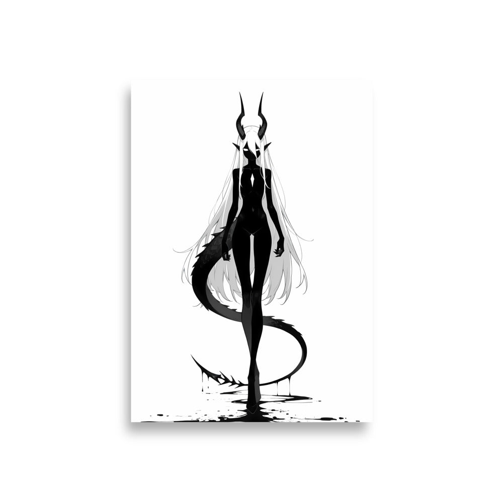 Affiche dark fantasy Vestigia, dragon anthropomorphe noir et blanc, debout avec sa queue écaillée enroulée devant elle – format A1