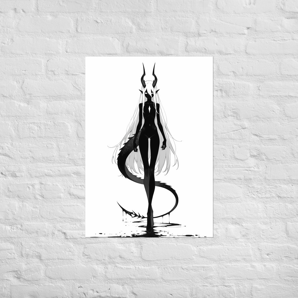 Affiche dark fantasy Vestigia, dragon anthropomorphe noir et blanc, debout avec sa queue écaillée enroulée devant elle – format A1