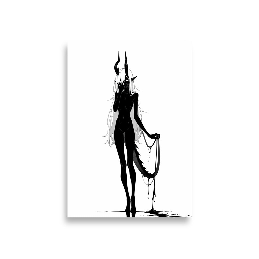 Affiche dark fantasy Vestigia, dragon anthropomorphe noir et blanc, debout tenant sa propre queue tendue comme une laisse – format A1