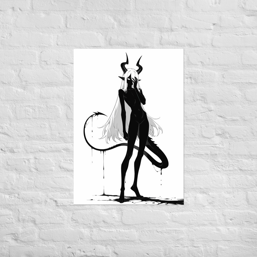 Affiche dark fantasy Vestigia, dragon anthropomorphe noir et blanc, debout avec sa queue formant une boucle d'encre – format A1
