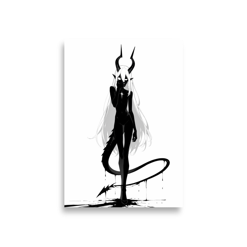 Affiche dark fantasy Vestigia, dragon anthropomorphe noir et blanc, debout avec une étoile sur la poitrine – format A1