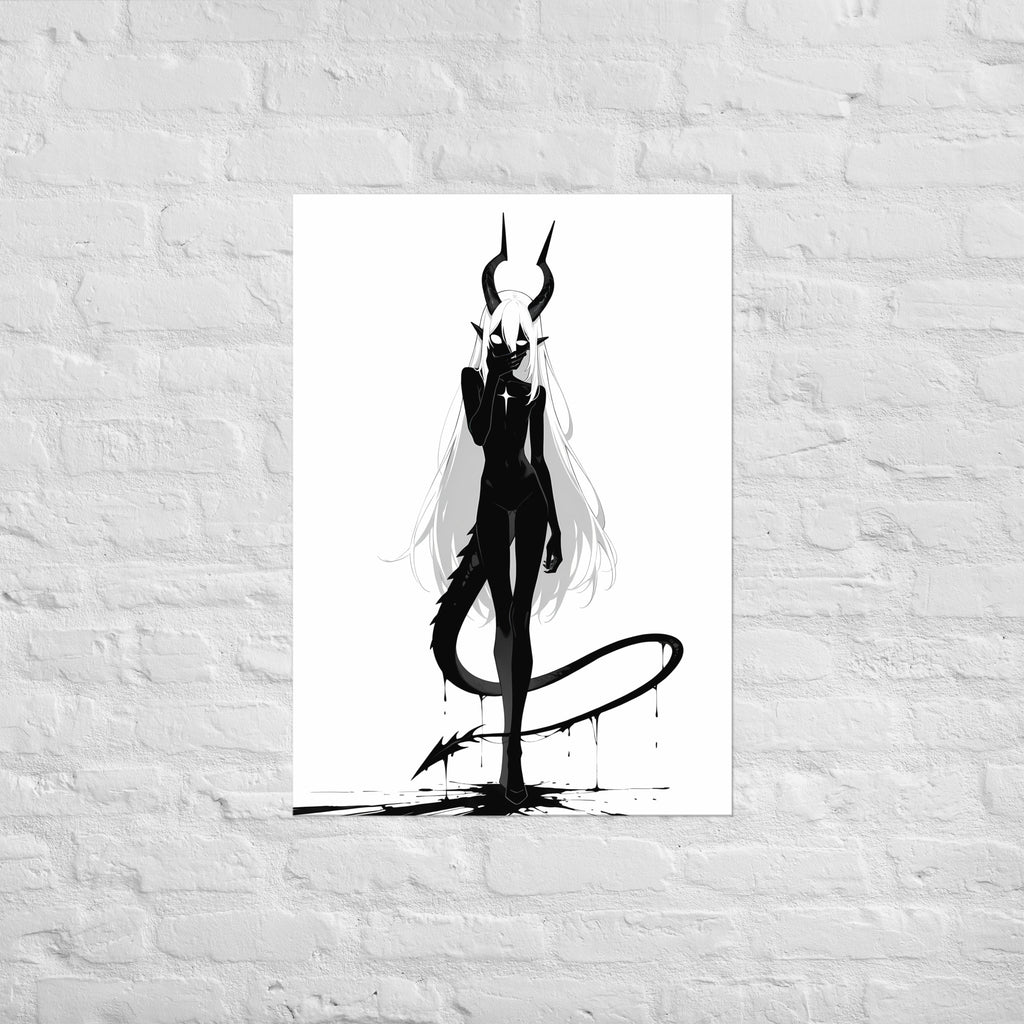 Affiche dark fantasy Vestigia, dragon anthropomorphe noir et blanc, debout avec une étoile sur la poitrine – format A1