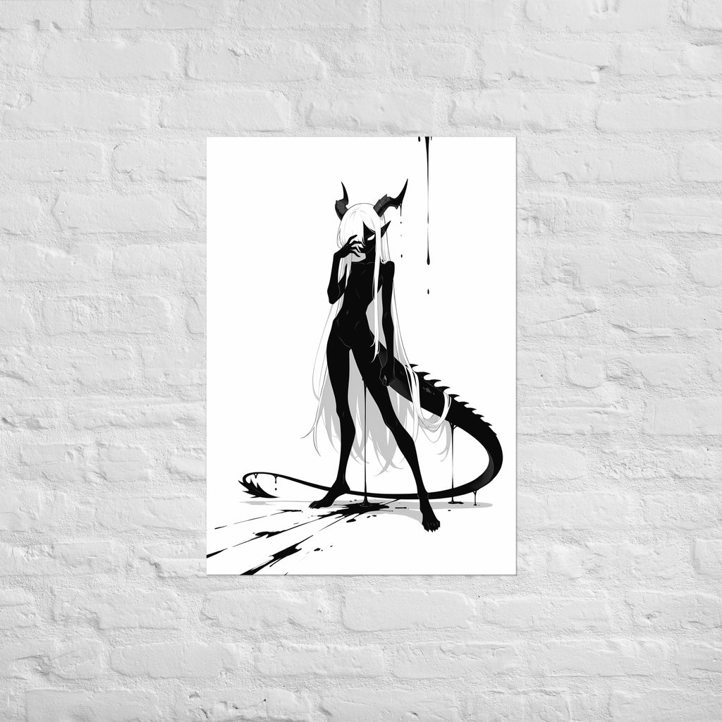 Affiche dark fantasy Vestigia, dragon anthropomorphe noir et blanc, penchée en avant avec une longue traînée d'encre au sol – format A1