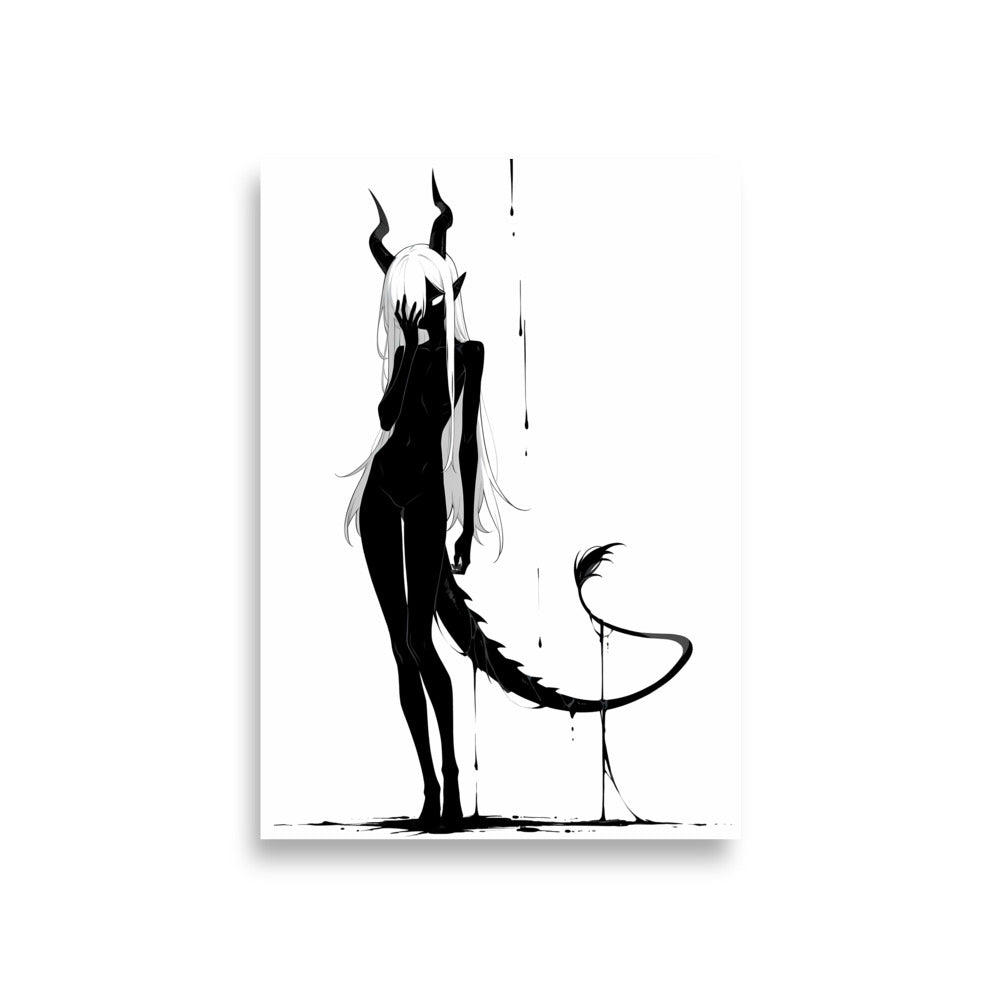Affiche dark fantasy Vestigia, dragon anthropomorphe noir et blanc, vue de dos avec une queue courbée en pointe acérée – format A1