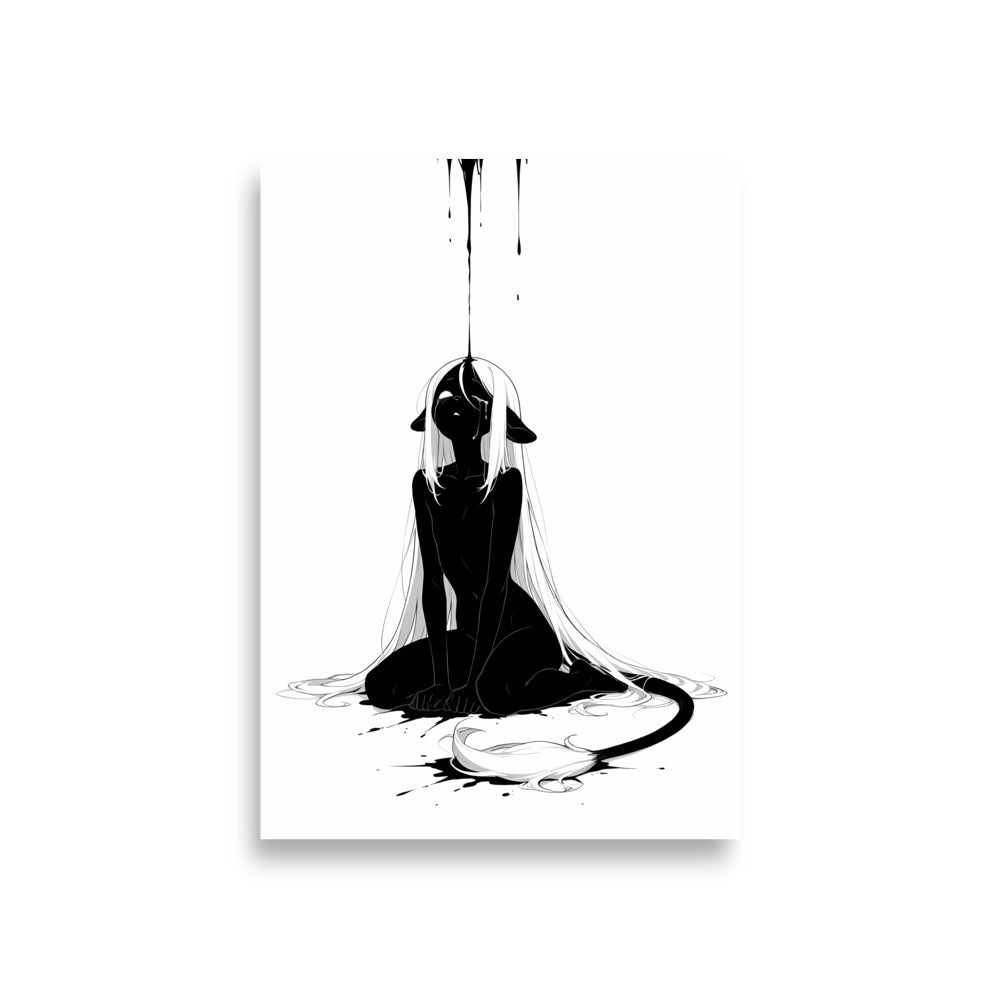 Affiche dark fantasy Ternelle, lionne anthropomorphe noir et blanc recroquevillée au sol recevant une pluie d'encre, tête levée, collection Les silences qu'on porte