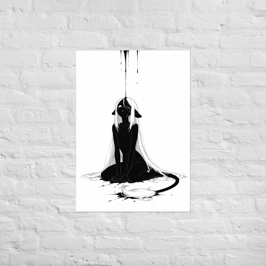 Affiche dark fantasy Ternelle, lionne anthropomorphe noir et blanc recroquevillée au sol recevant une pluie d'encre, tête levée, collection Les silences qu'on porte – format A1