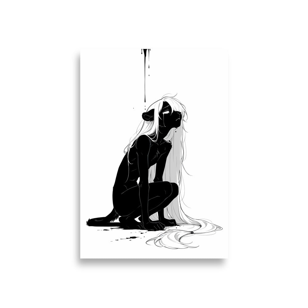 Affiche dark fantasy Ternelle, lionne anthropomorphe noir et blanc de profil accroupie, larme au menton, queue nouée d'un lien, collection Les silences qu'on porte