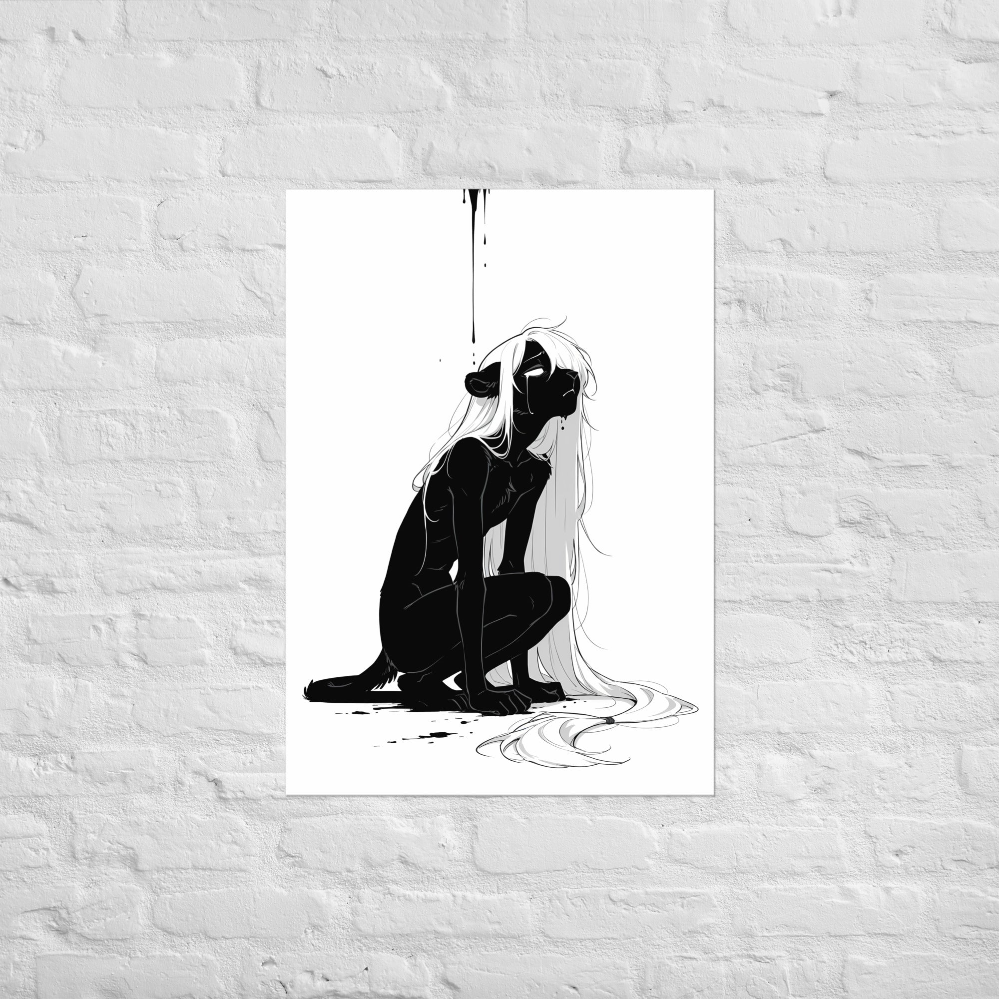 Affiche dark fantasy Ternelle, lionne anthropomorphe noir et blanc de profil accroupie, larme au menton, queue nouée d'un lien, collection Les silences qu'on porte – format A1