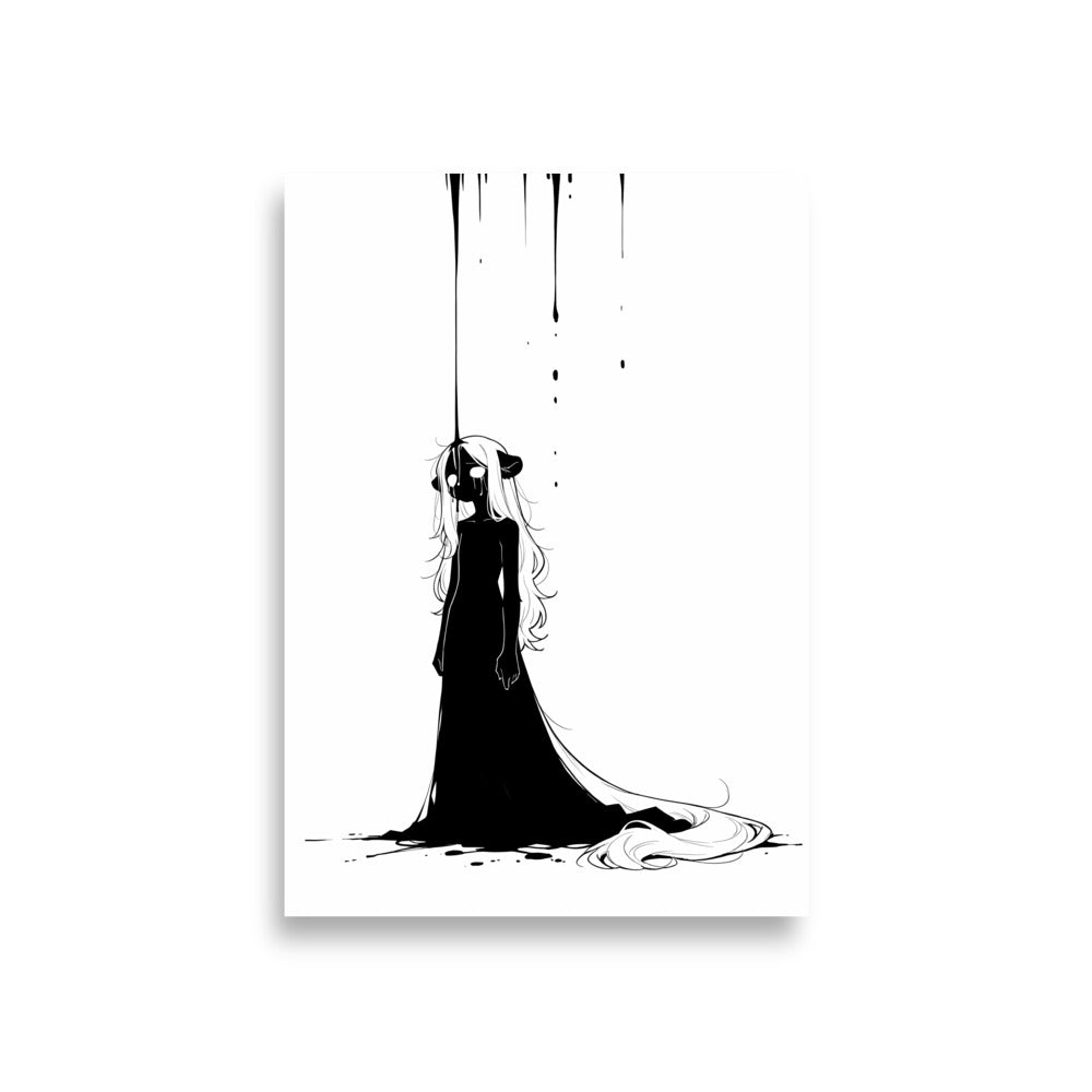 Affiche dark fantasy Ternelle, lionne anthropomorphe noir et blanc debout en robe longue, larmes visibles, encre tombant sur la tête, collection Les silences qu'on porte