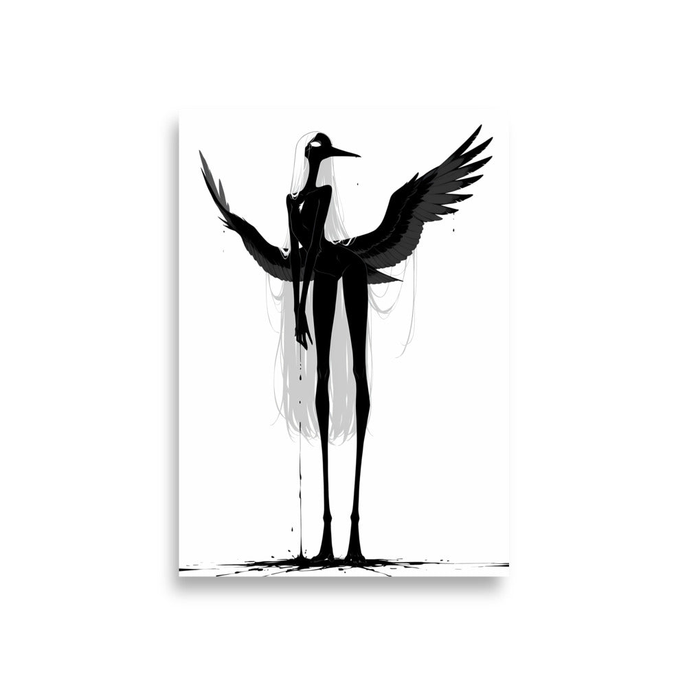 Affiche dark fantasy Attendrie, grue anthropomorphe noir et blanc debout ailes largement déployées, encre s'égouttant du bec, collection Les silences qu'on porte