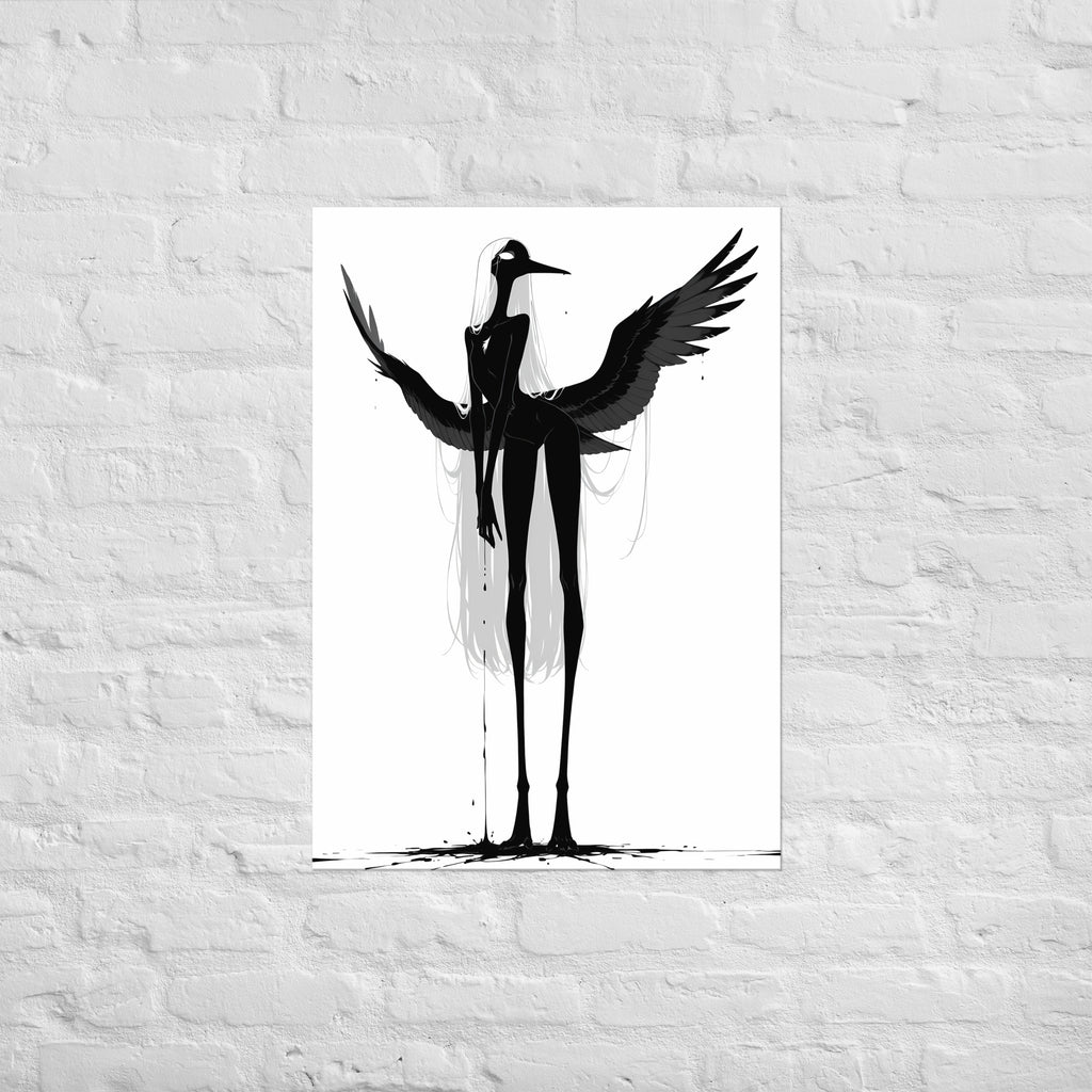 Affiche dark fantasy Attendrie, grue anthropomorphe noir et blanc debout ailes largement déployées, encre s'égouttant du bec, collection Les silences qu'on porte – format A1