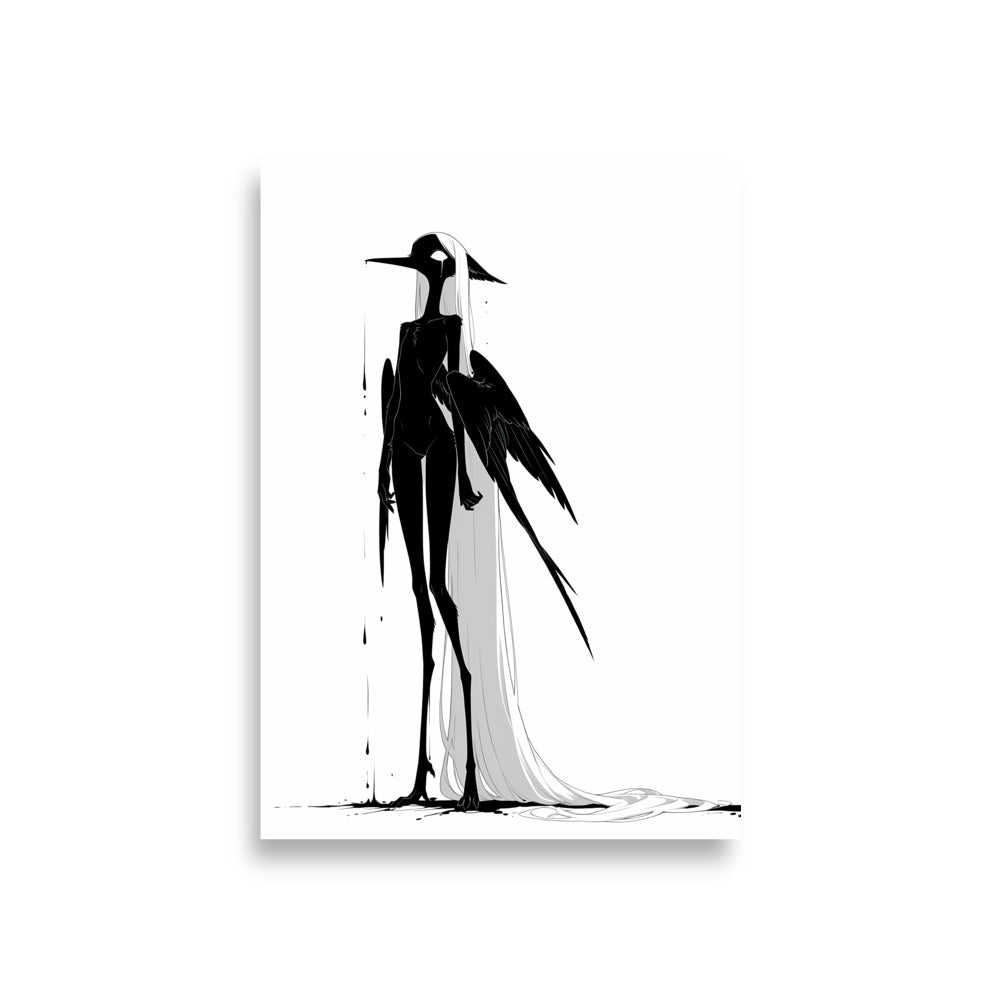 Affiche dark fantasy Attendrie, grue anthropomorphe noir et blanc debout de profil aile tombée le long du corps, larme sous l'œil, pluie d'encre, collection Les silences qu'on porte