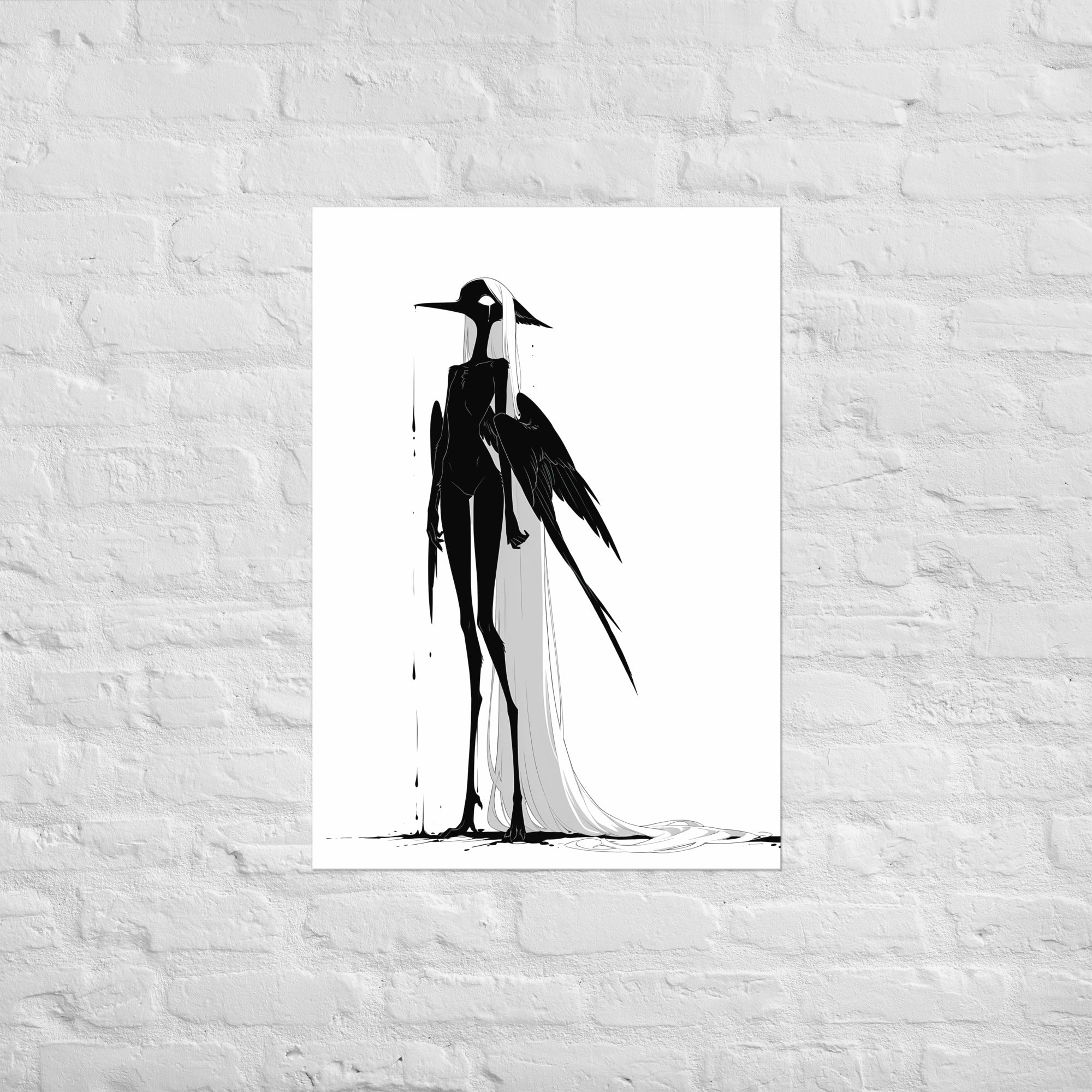 Affiche dark fantasy Attendrie, grue anthropomorphe noir et blanc debout de profil aile tombée le long du corps, larme sous l'œil, pluie d'encre, collection Les silences qu'on porte – format A1