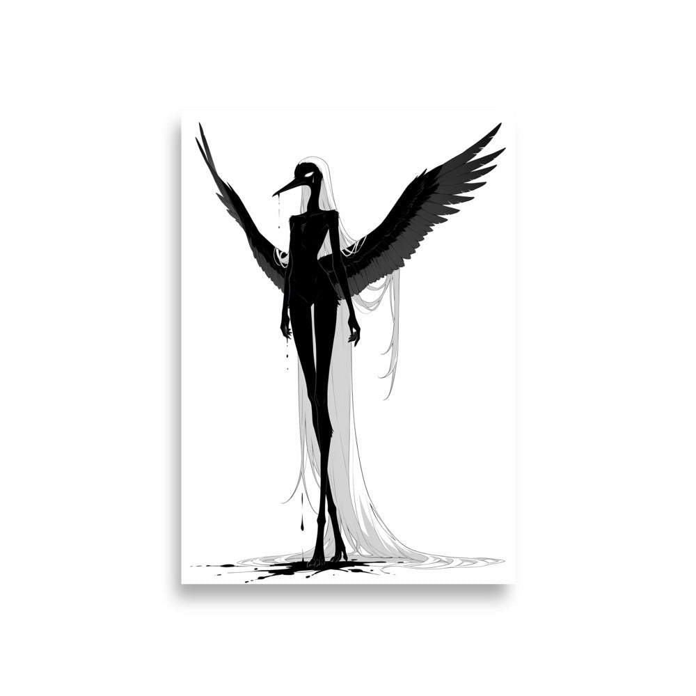 Affiche dark fantasy Attendrie, grue anthropomorphe noir et blanc debout ailes asymétriques déployées en plein élan, encre au bec et aux doigts, collection Les silences qu'on porte