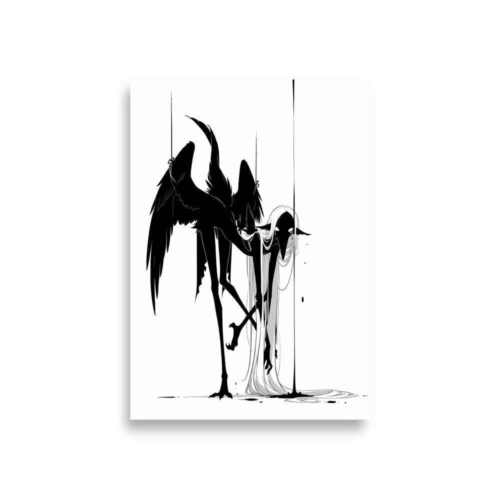 Affiche dark fantasy Attendrie, grue anthropomorphe noir et blanc repliée tête basse jambes croisées, ailes retenues par des fils, collection Les silences qu'on porte