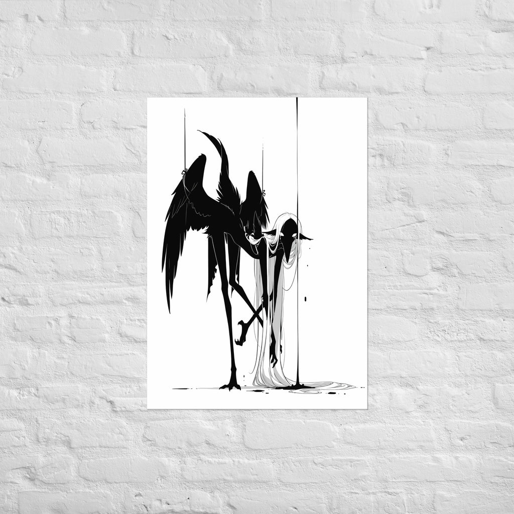 Affiche dark fantasy Attendrie, grue anthropomorphe noir et blanc repliée tête basse jambes croisées, ailes retenues par des fils, collection Les silences qu'on porte – format A1