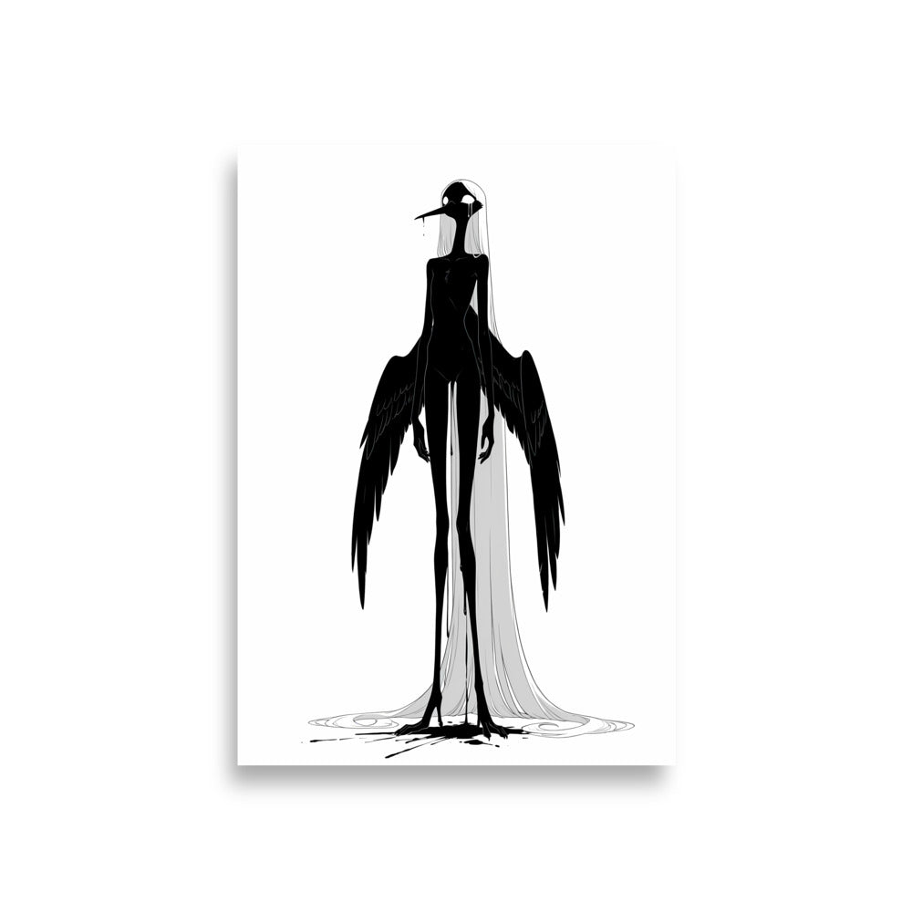 Affiche dark fantasy Attendrie, grue anthropomorphe noir et blanc debout ailes horizontales, encre ruisselant sur toute la silhouette, collection Les silences qu'on porte
