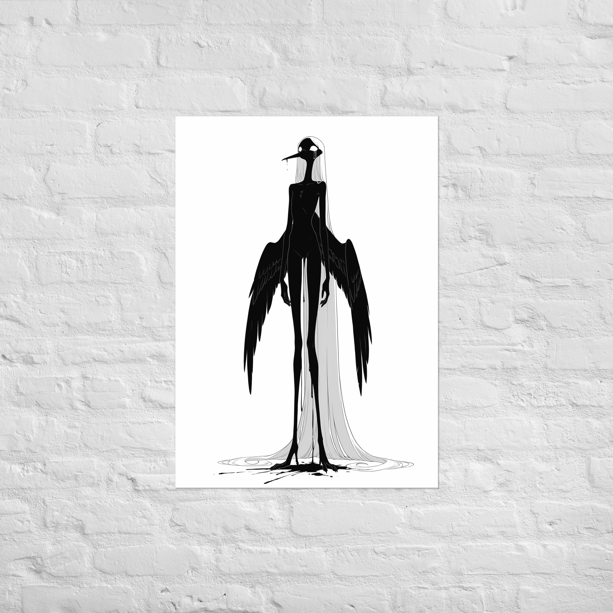 Affiche dark fantasy Attendrie, grue anthropomorphe noir et blanc debout ailes horizontales, encre ruisselant sur toute la silhouette, collection Les silences qu'on porte – format A1
