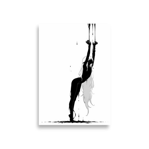 Affiche dark fantasy Abyssia, pieuvre anthropomorphe noir et blanc dressée sur la pointe des pieds, bras tendus vers deux fils d'encre, collection Les silences qu'on porte