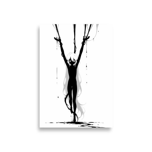 Affiche dark fantasy Abyssia, pieuvre anthropomorphe noir et blanc suspendue par plusieurs fils d'encre, larmes visibles, chevilles croisées, collection Les silences qu'on porte