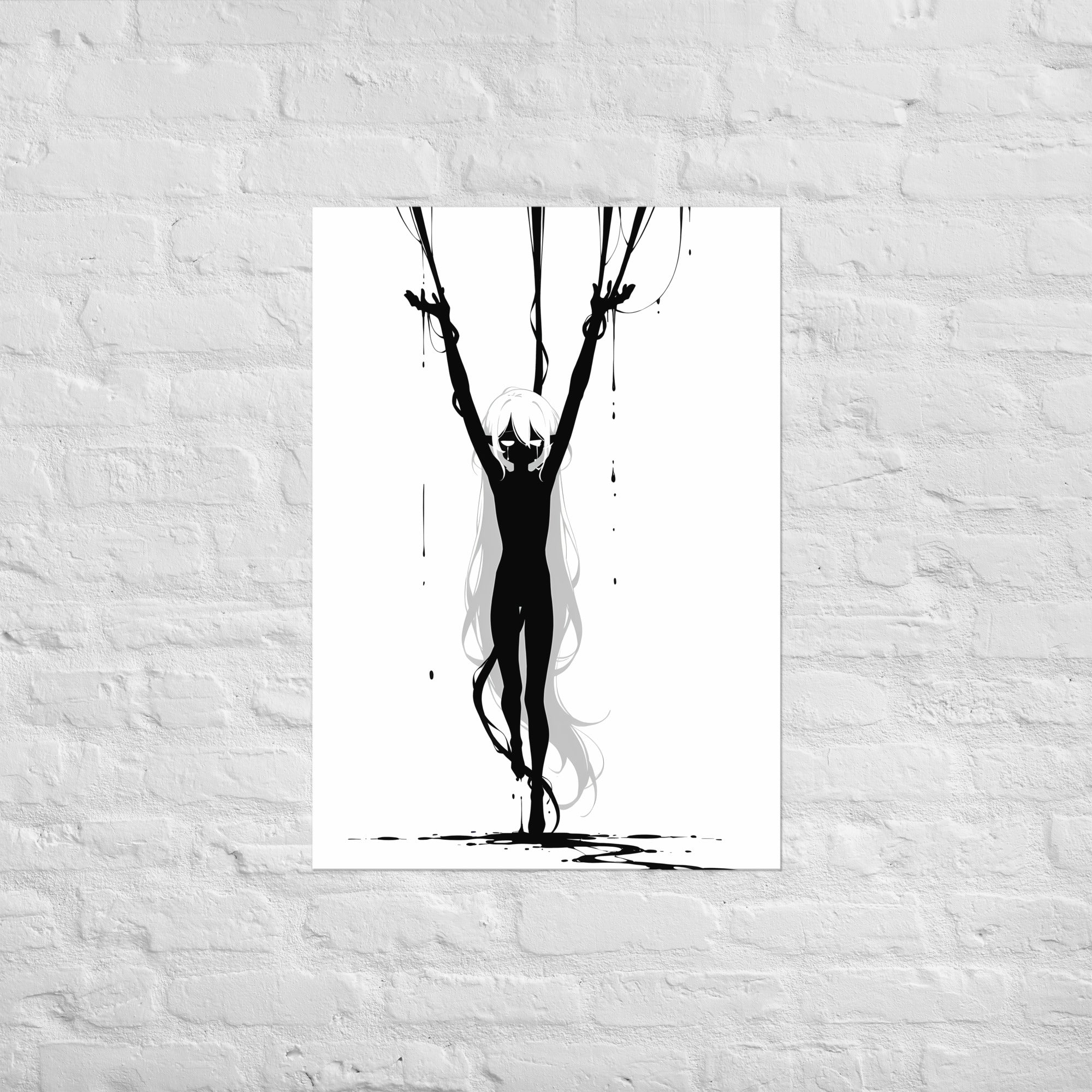 Affiche dark fantasy Abyssia, pieuvre anthropomorphe noir et blanc suspendue par plusieurs fils d'encre, larmes visibles, chevilles croisées, collection Les silences qu'on porte – format A1