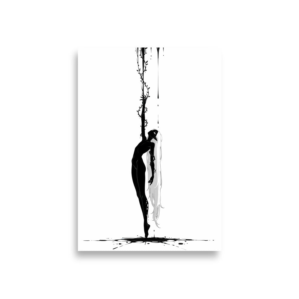 Affiche dark fantasy Abyssia, pieuvre anthropomorphe noir et blanc adossée à une liane épineuse, ronce enroulée autour de l'avant-bras, collection Les silences qu'on porte
