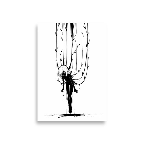 Affiche dark fantasy Abyssia, pieuvre anthropomorphe noir et blanc suspendue tête basse sous une multitude de lianes, cheveux courts, collection Les silences qu'on porte