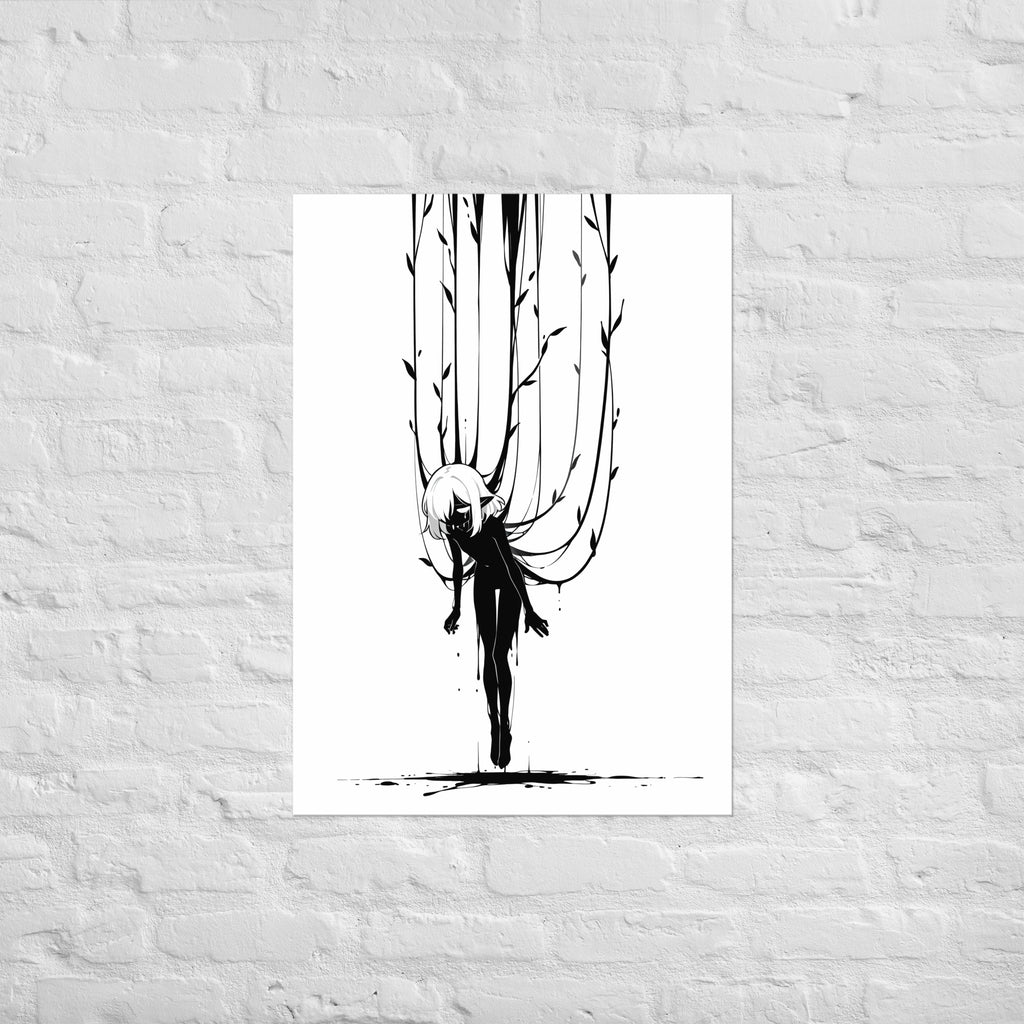 Affiche dark fantasy Abyssia, pieuvre anthropomorphe noir et blanc suspendue tête basse sous une multitude de lianes, cheveux courts, collection Les silences qu'on porte – format A1