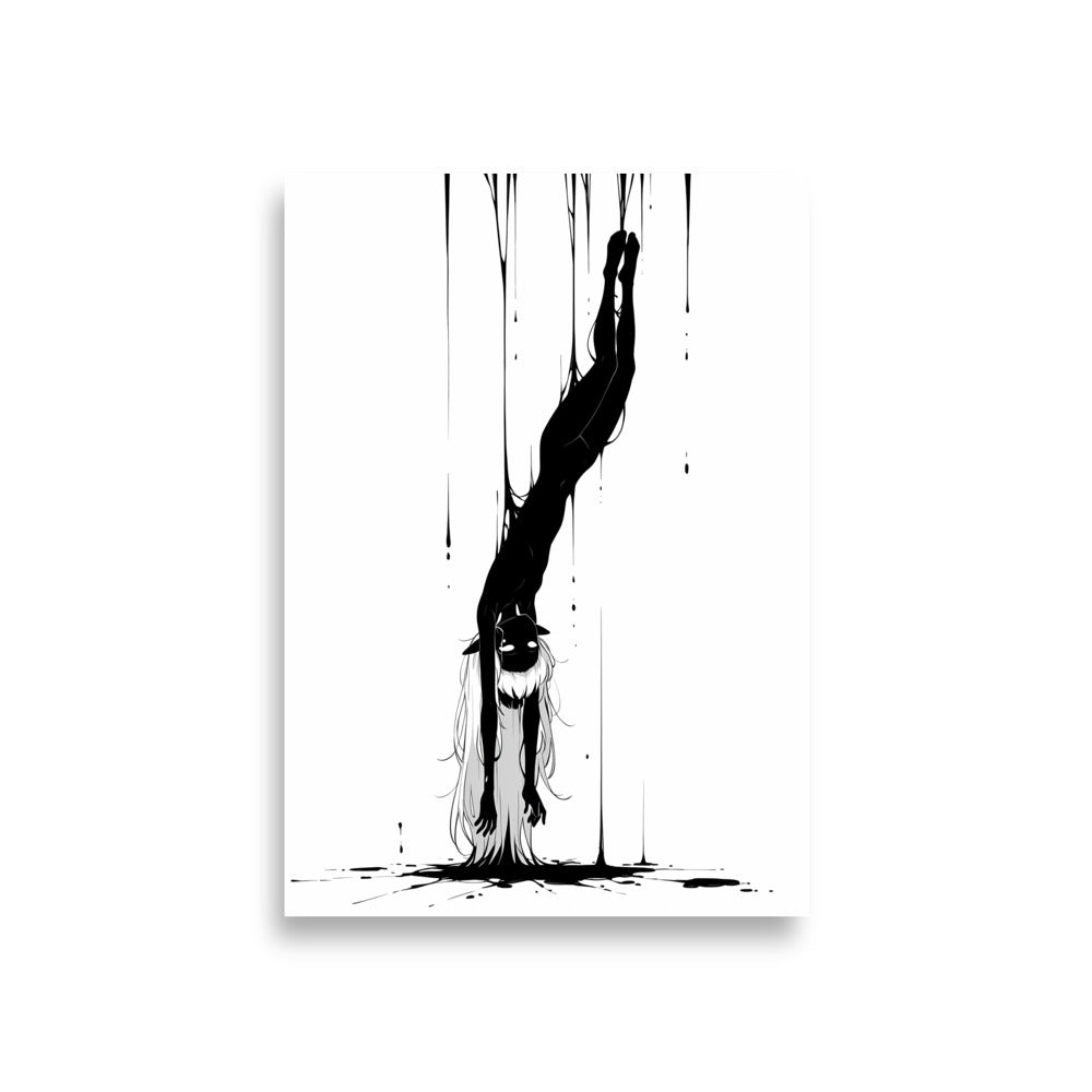 Affiche dark fantasy Abyssia, pieuvre anthropomorphe noir et blanc plongeant tête la première en diagonale, pieds pointés vers le haut, regard grand ouvert, collection Les silences qu'on porte