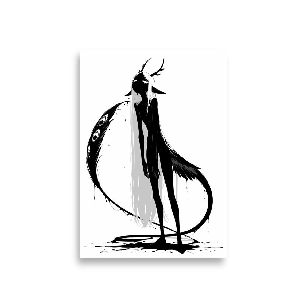 Affiche dark fantasy Pâlore, paon anthropomorphe noir et blanc bouche entrouverte, unique plume courbée en croissant avec des yeux le long du bord, collection Les silences qu'on porte