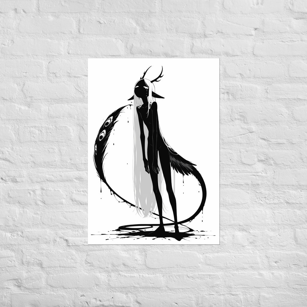 Affiche dark fantasy Pâlore, paon anthropomorphe noir et blanc bouche entrouverte, unique plume courbée en croissant avec des yeux le long du bord, collection Les silences qu'on porte – format A1
