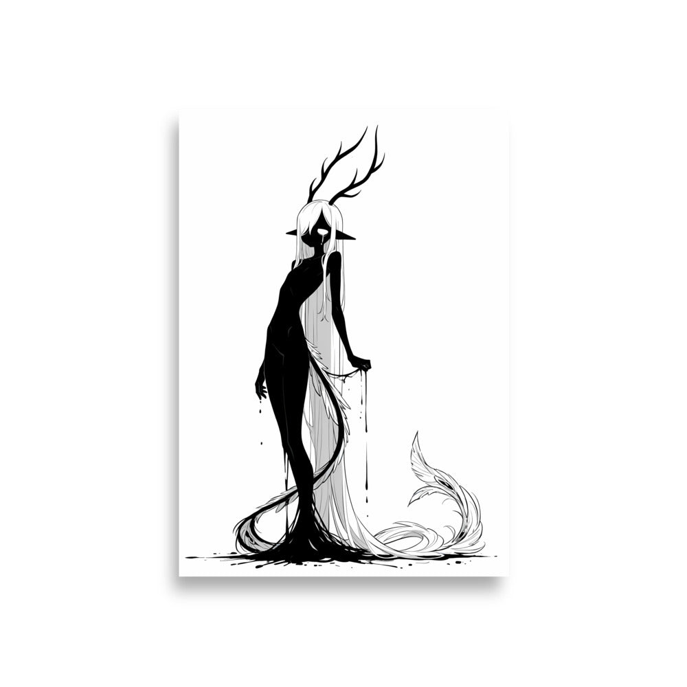 Affiche dark fantasy Pâlore, paon anthropomorphe noir et blanc de profil tenant un ruban d'encre qui s'égoutte, ramures de plumes sur la tête, collection Les silences qu'on porte