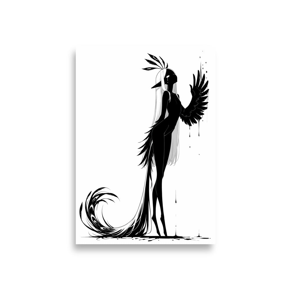 Affiche dark fantasy Pâlore, paon anthropomorphe noir et blanc debout aile sombre levée à hauteur d'épaule, éventail de plumes sur la tête, collection Les silences qu'on porte