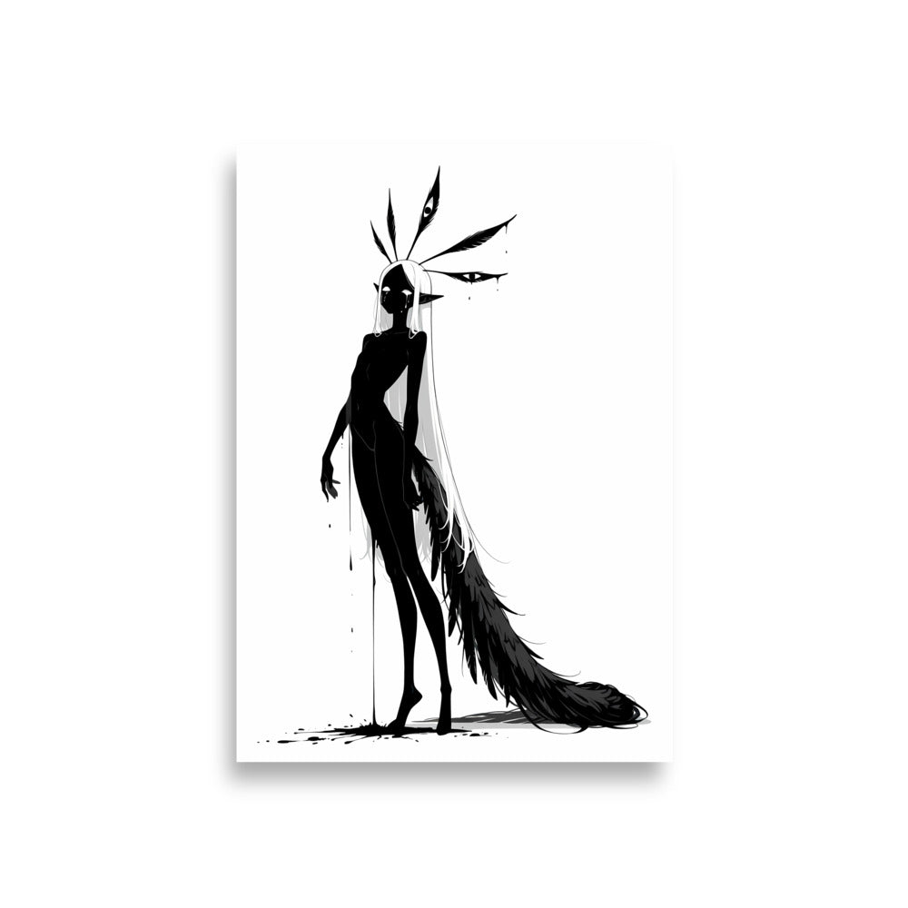 Affiche dark fantasy Pâlore, paon anthropomorphe noir et blanc de profil, œil détaché flottant près de sa tête, longue traîne de plumes noires, collection Les silences qu'on porte