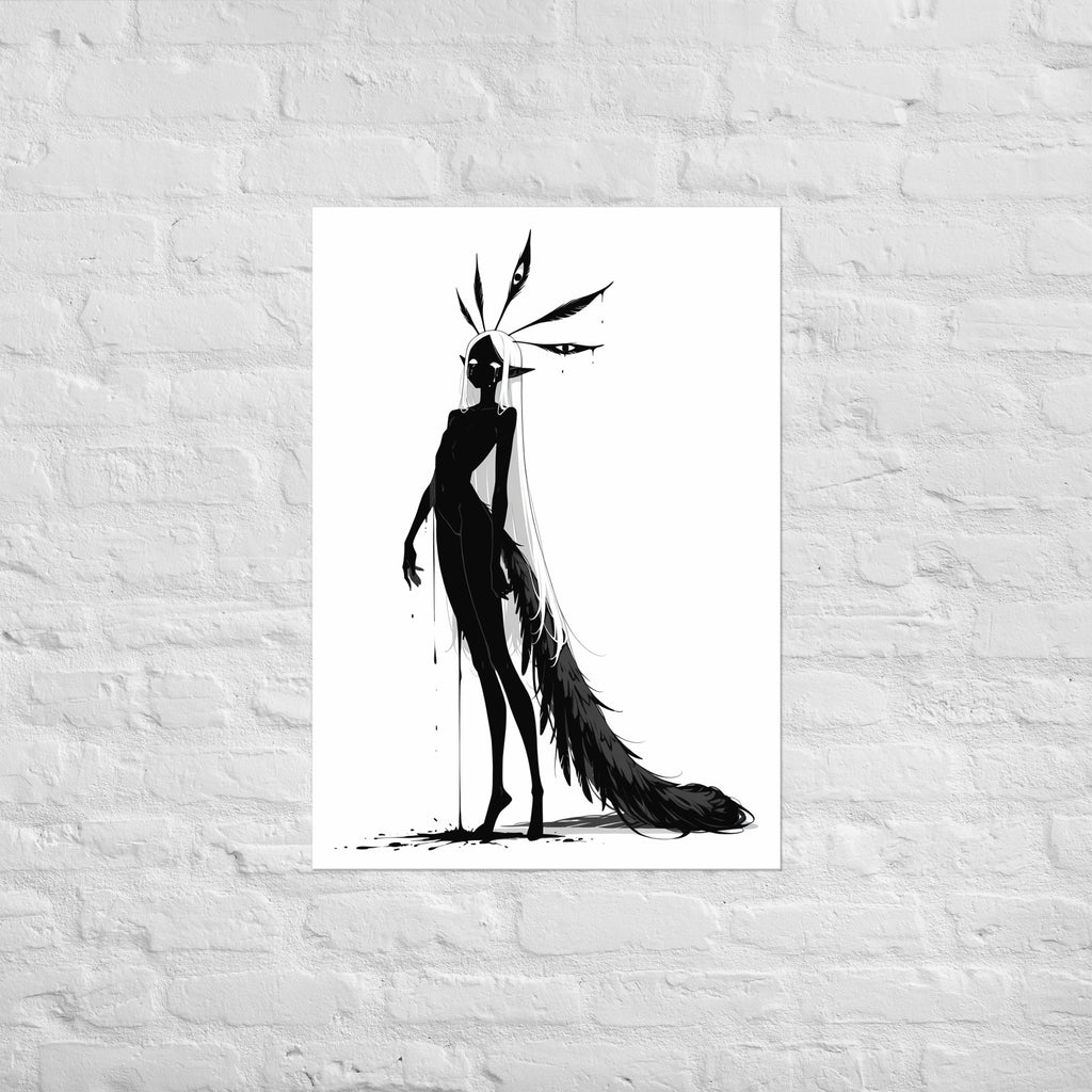 Affiche dark fantasy Pâlore, paon anthropomorphe noir et blanc de profil, œil détaché flottant près de sa tête, longue traîne de plumes noires, collection Les silences qu'on porte – format A1