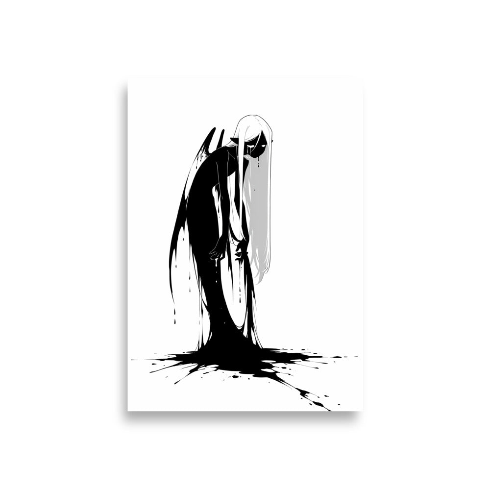 Affiche dark fantasy Adieva, cygne anthropomorphe noir et blanc penchée en avant tête basse, aile sombre recourbée, silhouette se dissolvant dans l'encre, collection Les silences qu'on porte