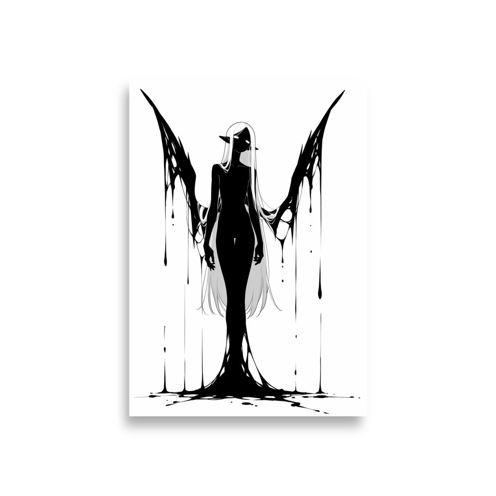 Affiche dark fantasy Adieva, cygne anthropomorphe noir et blanc debout bras écartés, ailes se dissolvant en longues coulées d'encre, collection Les silences qu'on porte