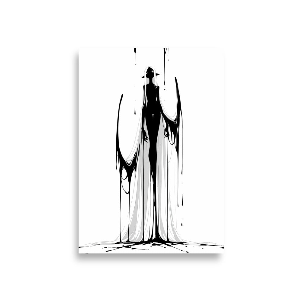Affiche dark fantasy Adieva, cygne anthropomorphe noir et blanc debout tenant deux rubans d'encre en boucles dans les mains, long voile blanc, collection Les silences qu'on porte