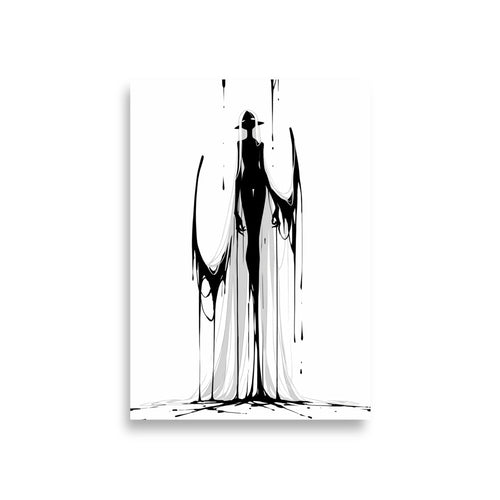 Affiche dark fantasy Adieva, cygne anthropomorphe noir et blanc debout tenant deux rubans d'encre en boucles dans les mains, long voile blanc, collection Les silences qu'on porte
