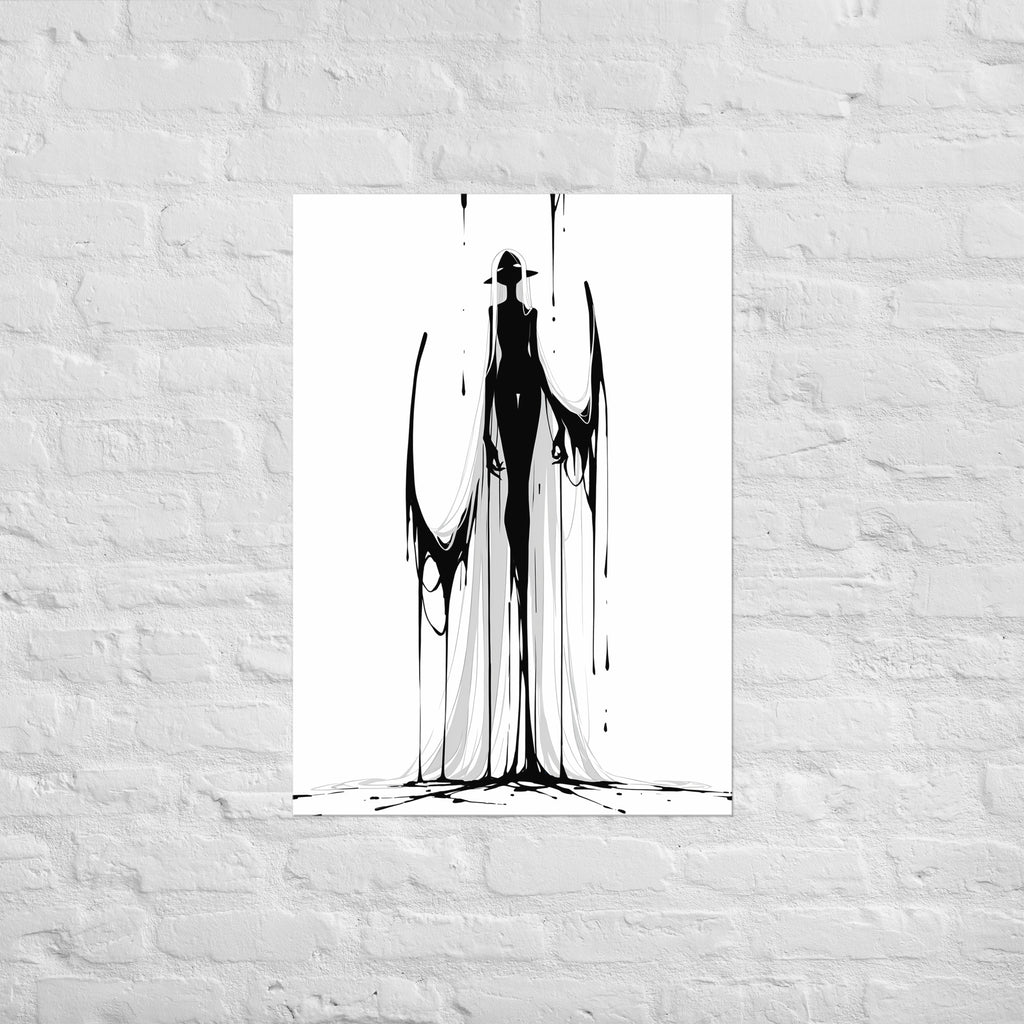 Affiche dark fantasy Adieva, cygne anthropomorphe noir et blanc debout tenant deux rubans d'encre en boucles dans les mains, long voile blanc, collection Les silences qu'on porte – format A1