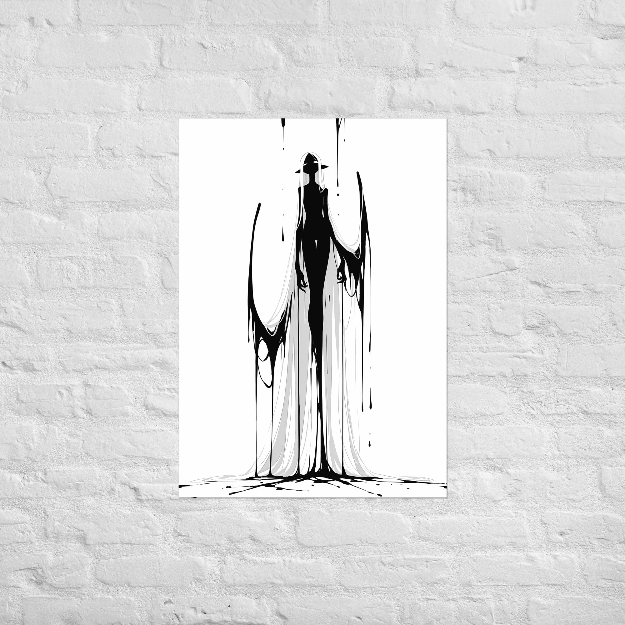 Affiche dark fantasy Adieva, cygne anthropomorphe noir et blanc debout tenant deux rubans d'encre en boucles dans les mains, long voile blanc, collection Les silences qu'on porte – format A1