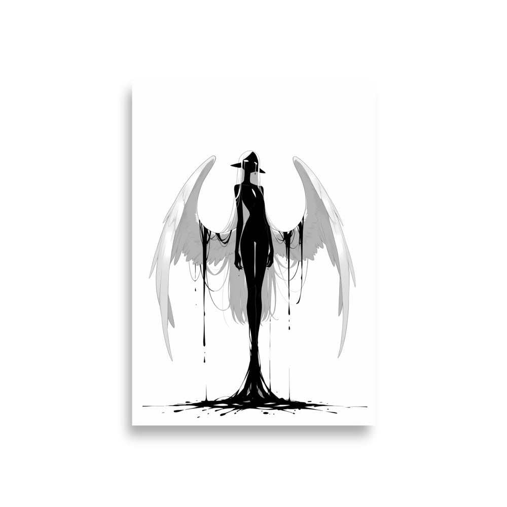Affiche dark fantasy Adieva, cygne anthropomorphe noir et blanc debout ailes pâles déployées, encre s'échappant à la jointure des ailes, collection Les silences qu'on porte