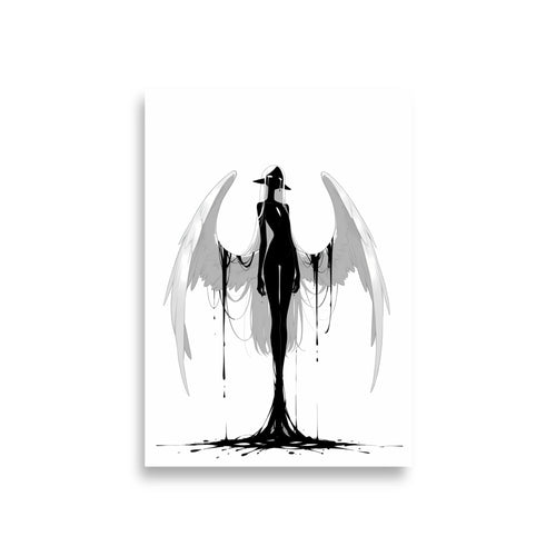 Affiche dark fantasy Adieva, cygne anthropomorphe noir et blanc debout ailes pâles déployées, encre s'échappant à la jointure des ailes, collection Les silences qu'on porte