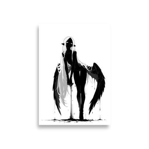 Affiche dark fantasy Adieva, cygne anthropomorphe noir et blanc en plein pas jambe croisée, ailes noires retombant largement, encre au bout de la main, collection Les silences qu'on porte
