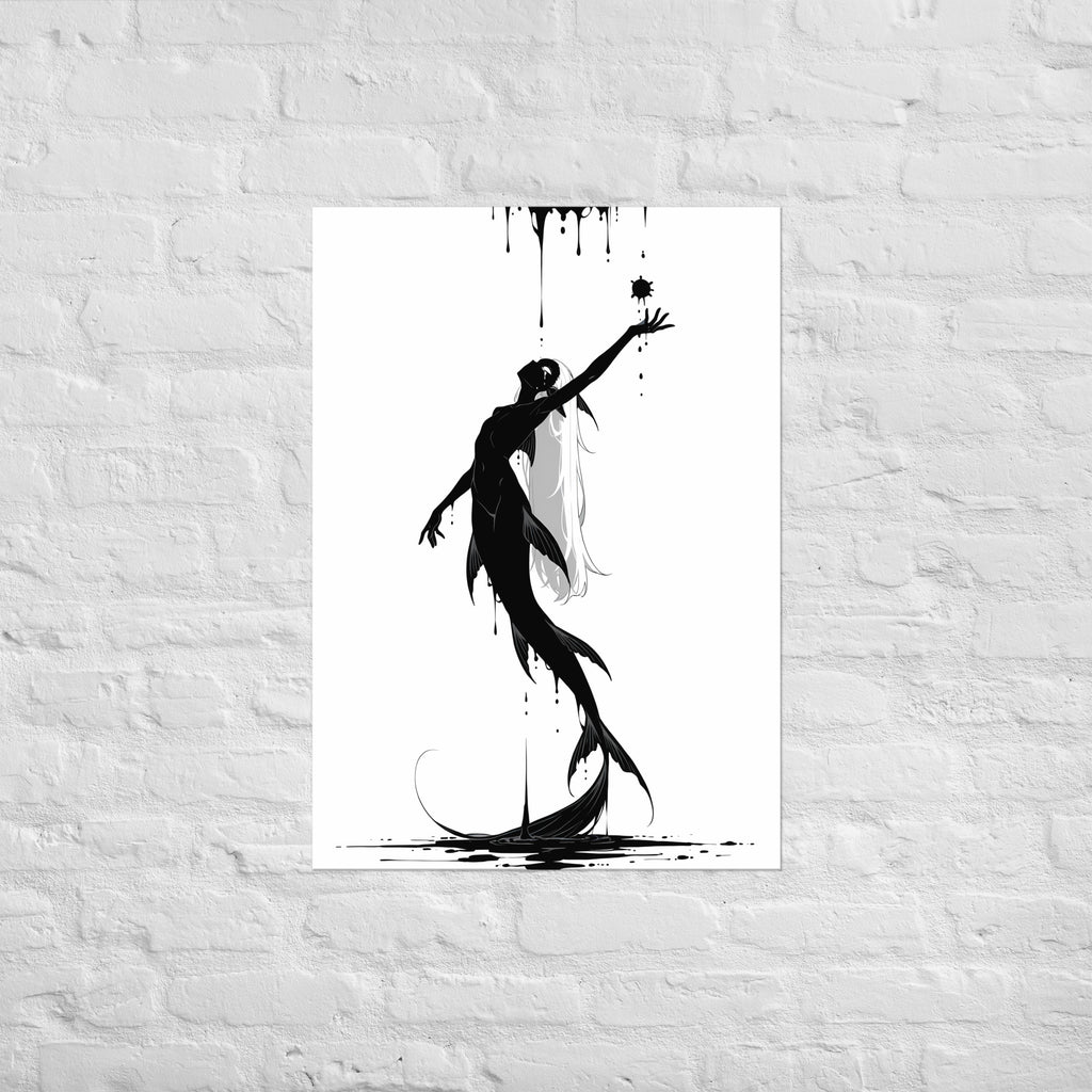 Affiche dark fantasy Sourdine, koï anthropomorphe noir et blanc bras tendu vers une sphère d'encre hérissée de pointes, corps cambré, collection Les silences qu'on porte – format A1