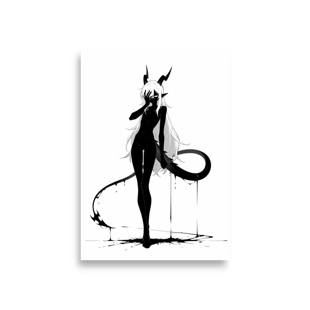 Affiche dark fantasy Vestigia, dragon anthropomorphe noir et blanc visage caché derrière la main, cornes recourbées, queue épineuse en large boucle, collection Les silences qu'on porte